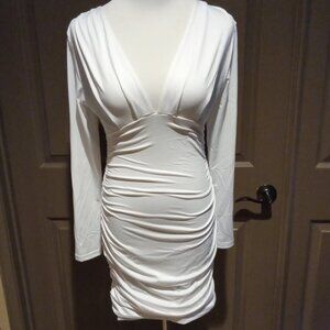 White long sleeve ruched dress, plunging V neckline, size Medium